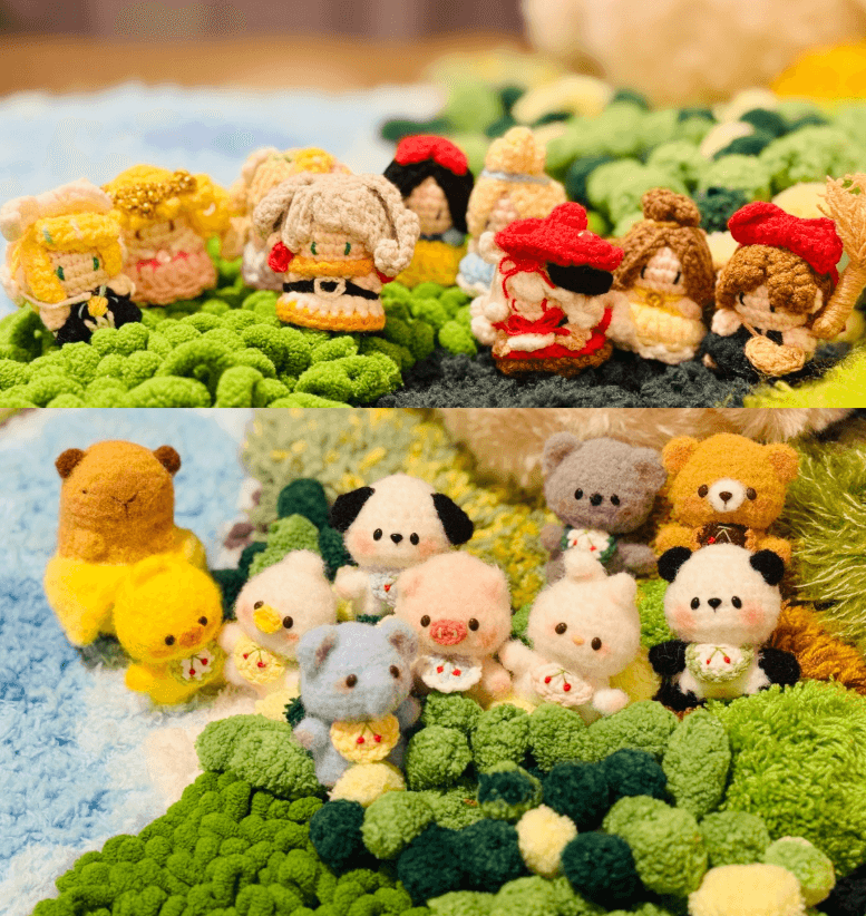 A collection of small handmade crochet characters in a soft green landscape